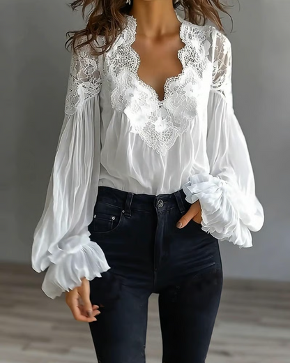 Celestine | Lace Trim V Neck Blouse