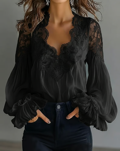 Celestine | Lace Trim V Neck Blouse