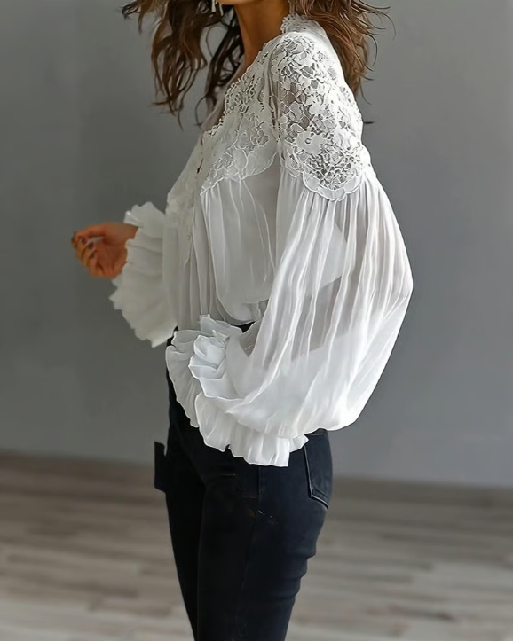 Celestine | Lace Trim V Neck Blouse