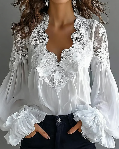 Celestine | Lace Trim V Neck Blouse