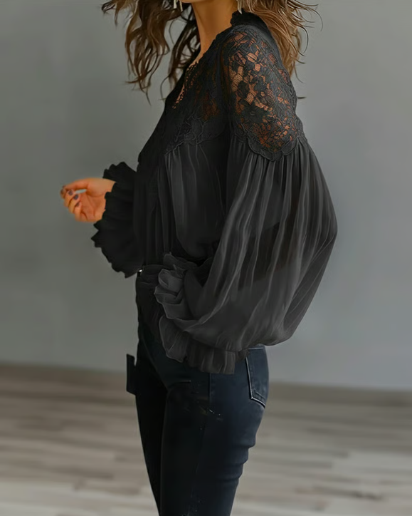 Celestine | Lace Trim V Neck Blouse