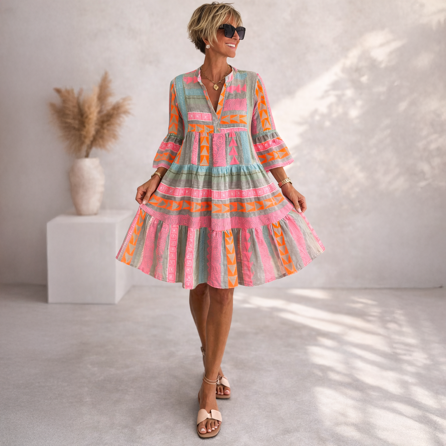 Honora | Artisan Print Ruffle Sleeve Dress