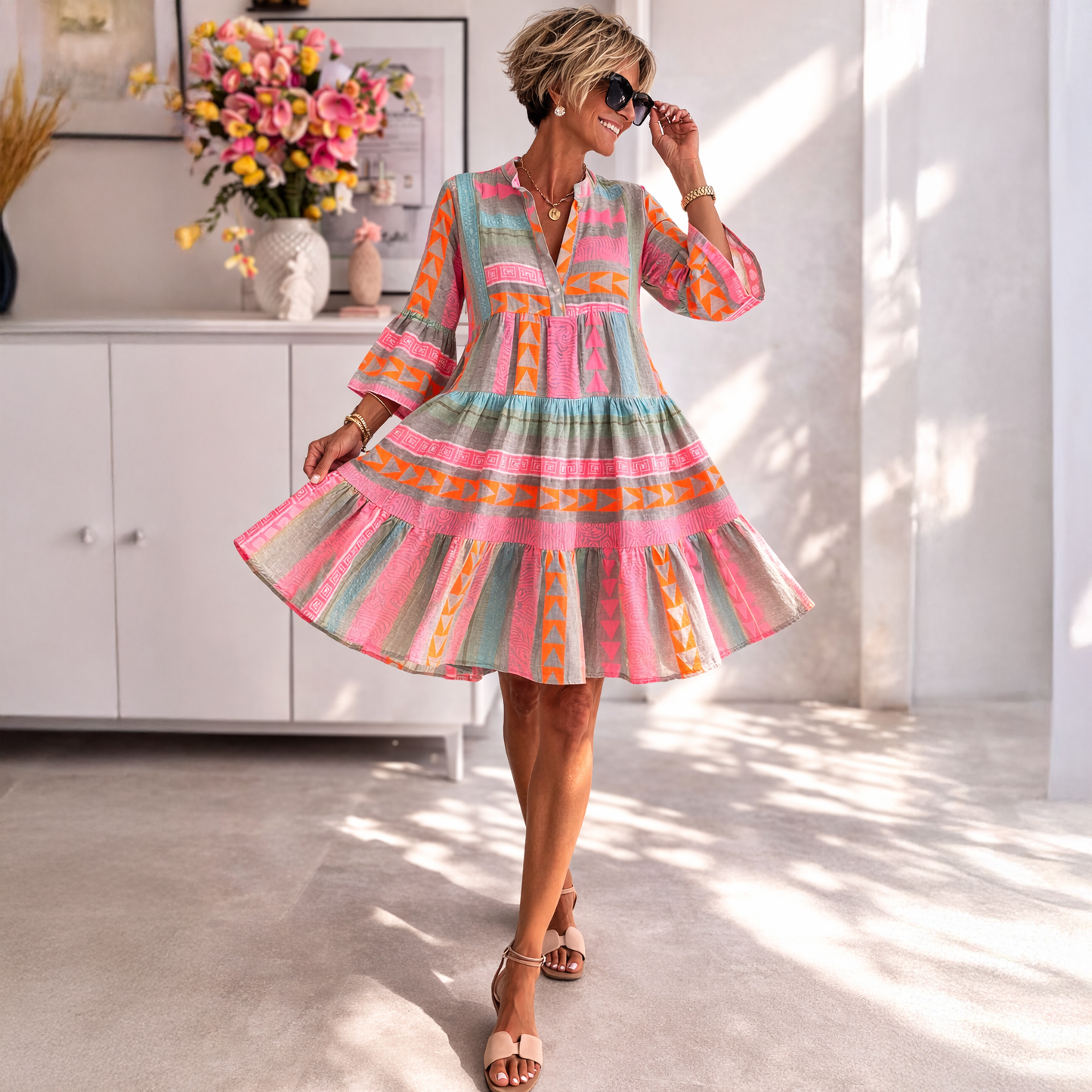 Honora | Artisan Print Ruffle Sleeve Dress