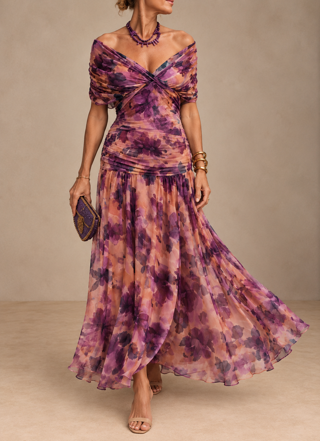 Odessa | Ruched V Neck Chiffon Maxi Dress