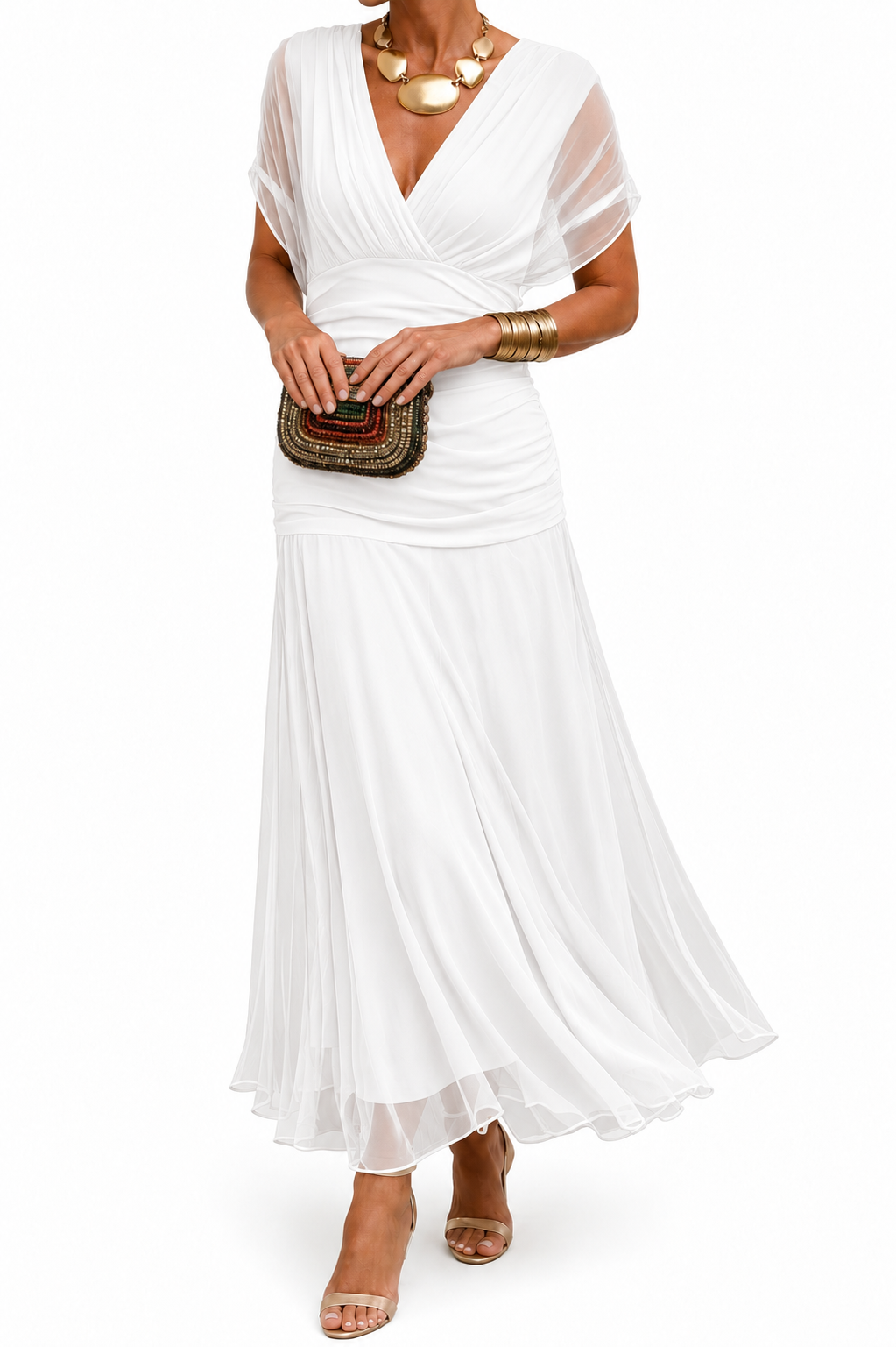 Odessa | Ruched V Neck Chiffon Maxi Dress