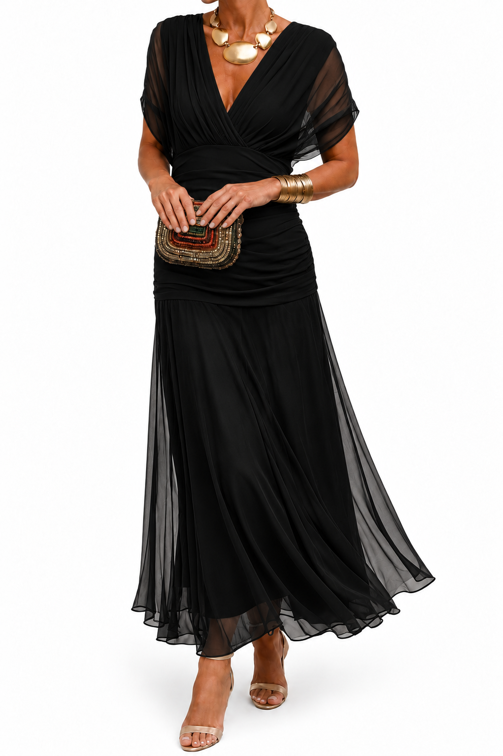Odessa | Ruched V Neck Chiffon Maxi Dress