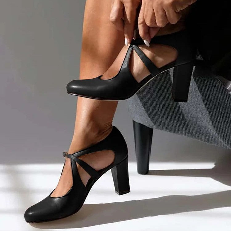 Solivette | Cross Strap Block Heel Pumps