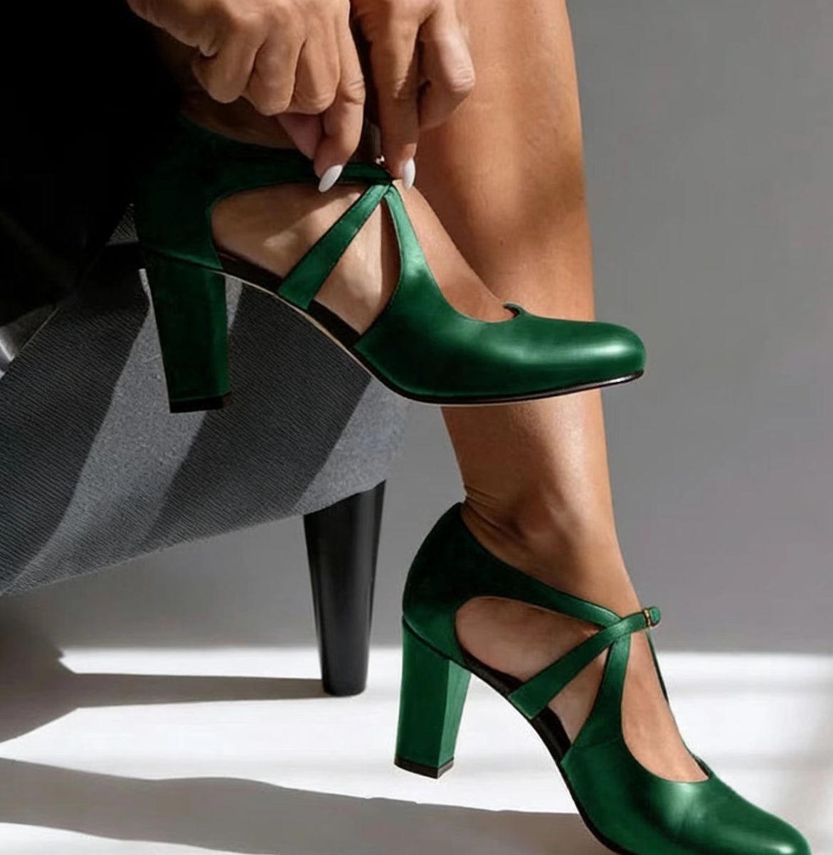 Solivette | Cross Strap Block Heel Pumps