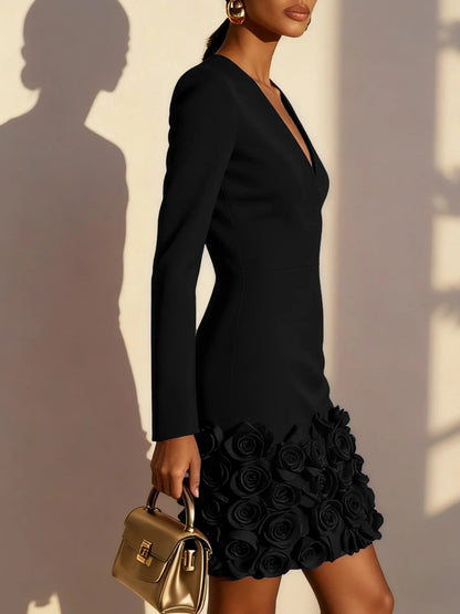 Pirella | Floral Applique V Neck Mini Dress