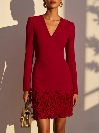 Pirella | Floral Applique V Neck Mini Dress