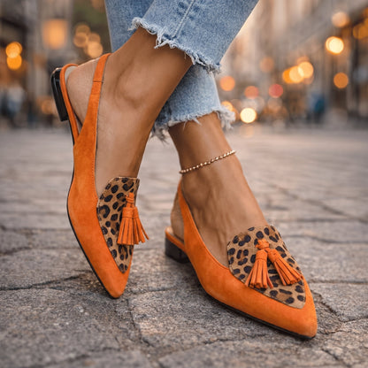 Oxvara | Bold Two-Tone Pointed Toe Tassel Slingback Loafers