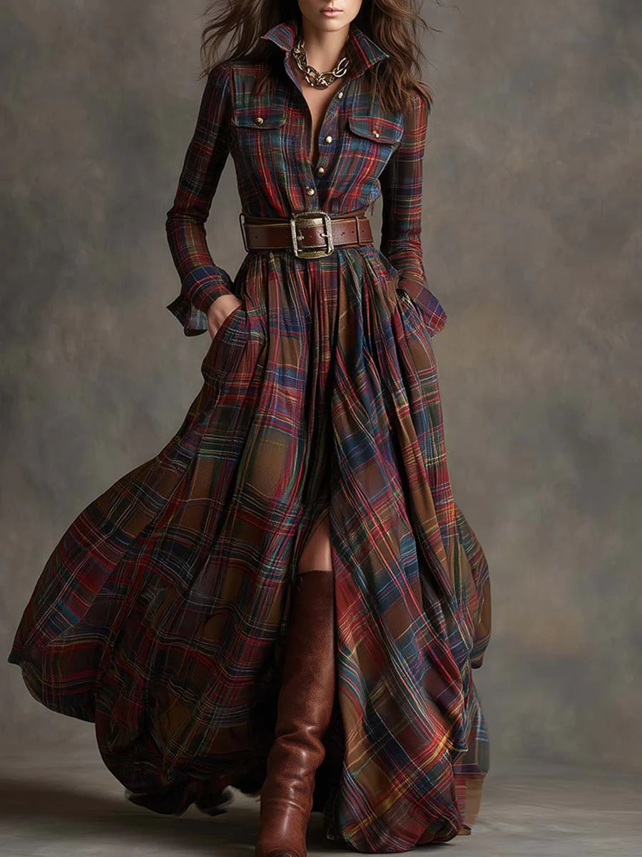 Kerianne | Elegant Tartan Shirt Maxi Dress