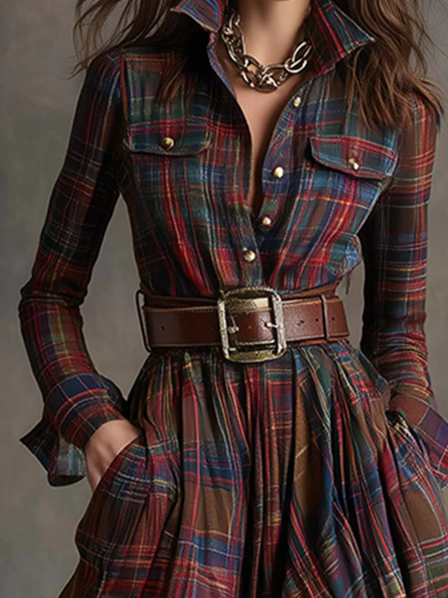 Kerianne | Elegant Tartan Shirt Maxi Dress