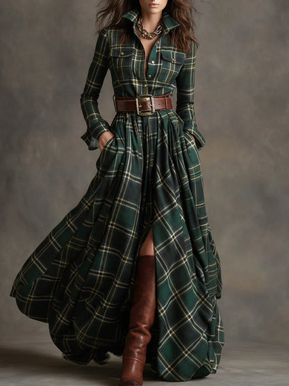 Kerianne | Elegant Tartan Shirt Maxi Dress