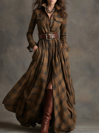 Kerianne | Elegant Tartan Shirt Maxi Dress