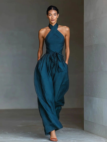 Thessalyne | Cross Halter Wide Leg Jumpsuit