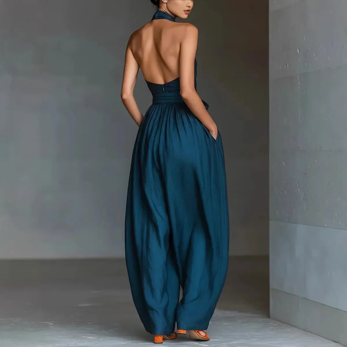 Thessalyne | Cross Halter Wide Leg Jumpsuit