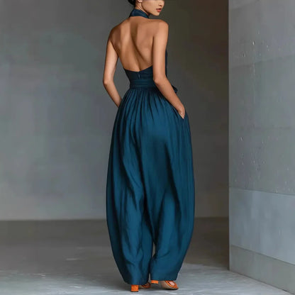 Thessalyne | Cross Halter Wide Leg Jumpsuit