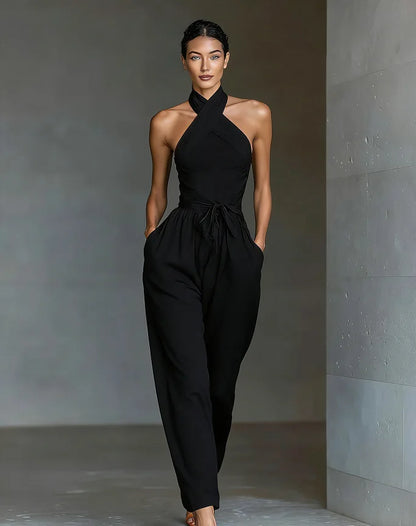 Thessalyne | Cross Halter Wide Leg Jumpsuit