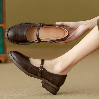 Orynne | Retro Leather Buckle Strap Low Block Heel Mary Janes