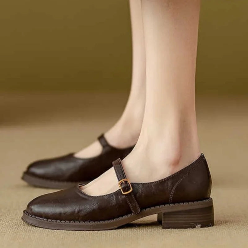 Orynne | Retro Leather Buckle Strap Low Block Heel Mary Janes