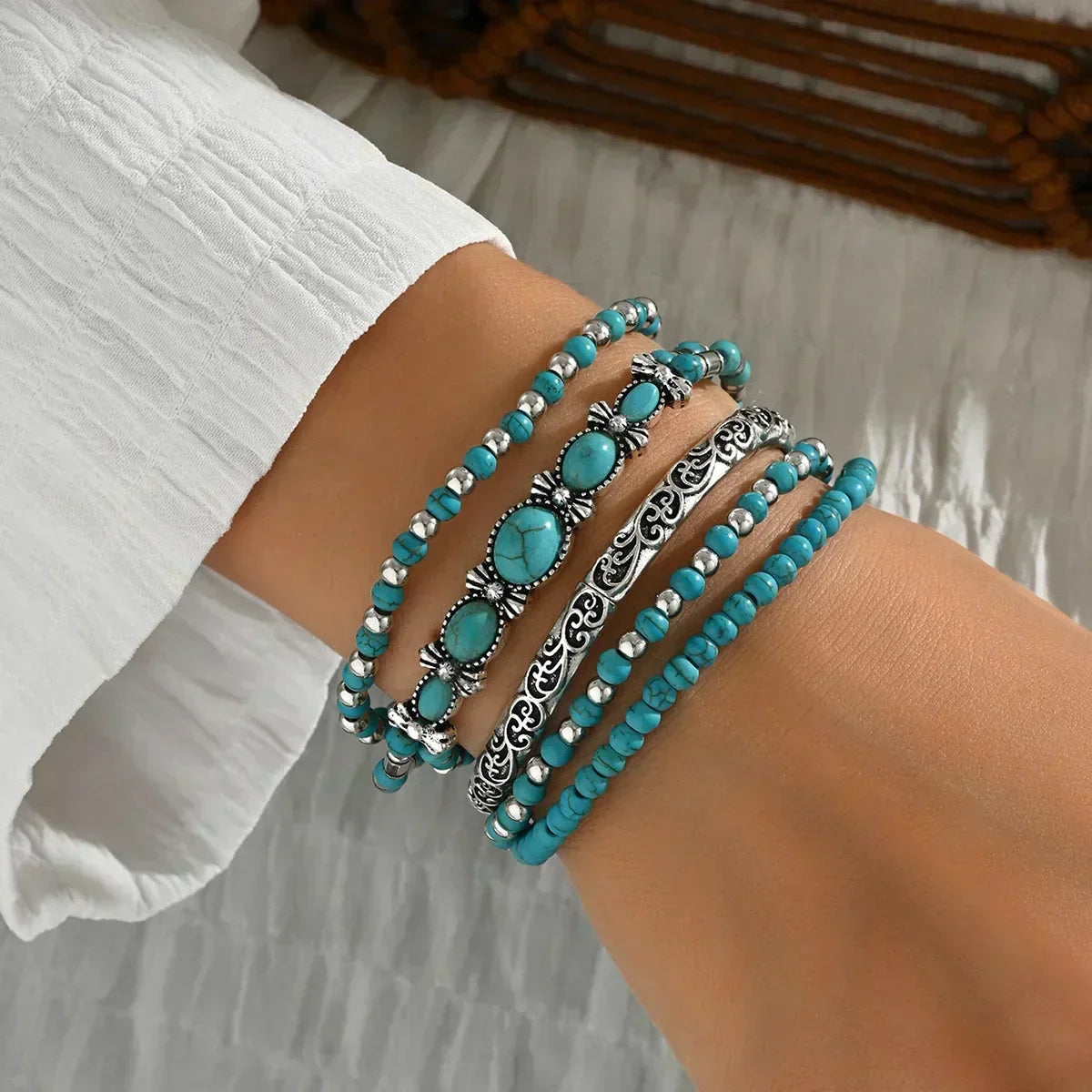 Tressida | Bohemian Turquoise Beaded Bracelet Set