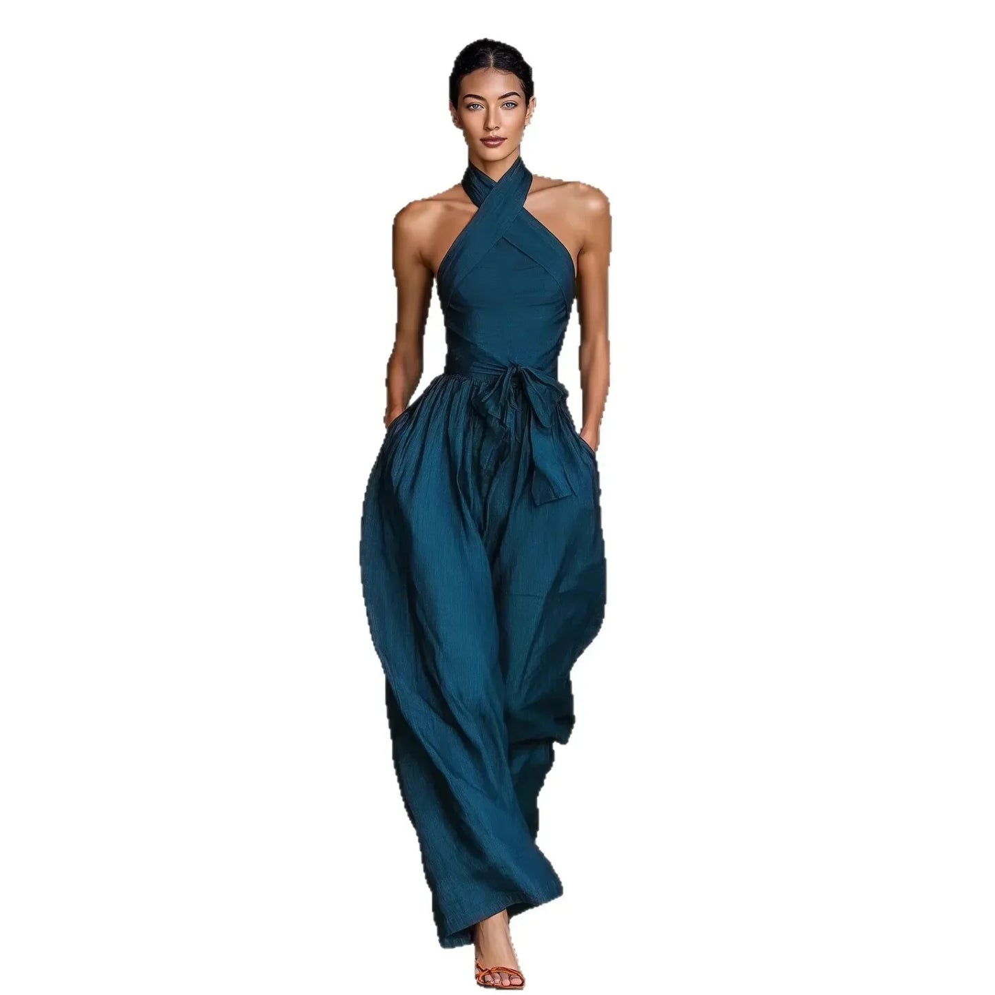 Thessalyne | Cross Halter Wide Leg Jumpsuit