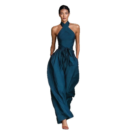 Thessalyne | Cross Halter Wide Leg Jumpsuit