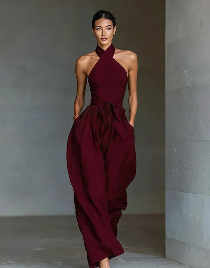 Thessalyne | Cross Halter Wide Leg Jumpsuit