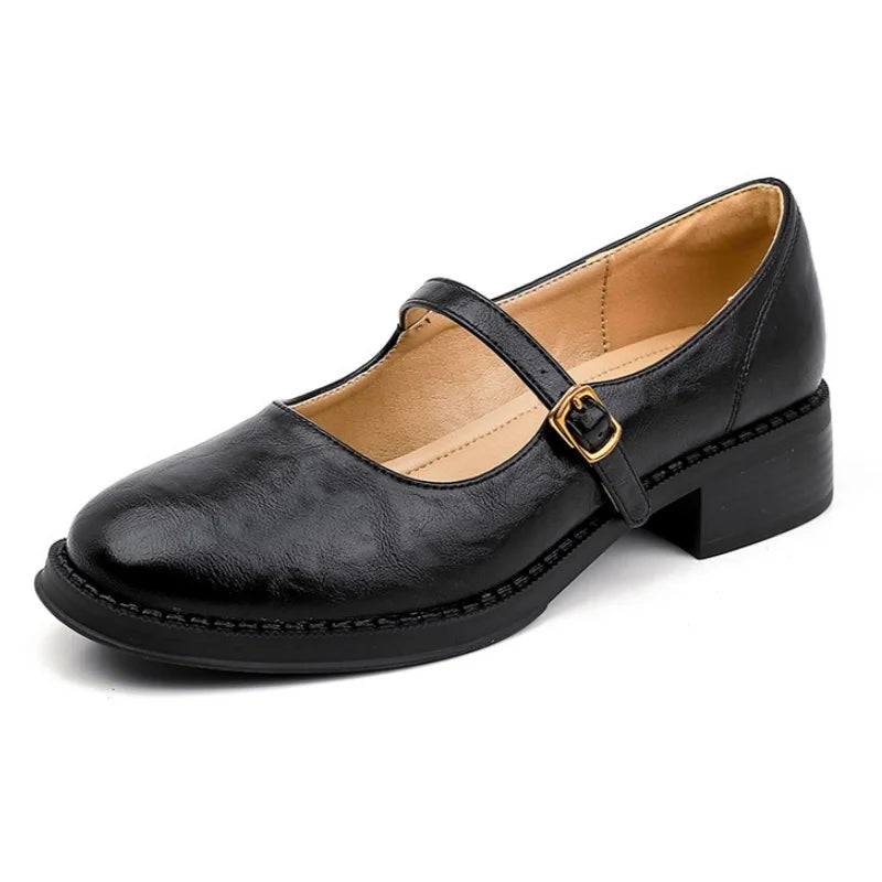 Orynne | Retro Leather Buckle Strap Low Block Heel Mary Janes
