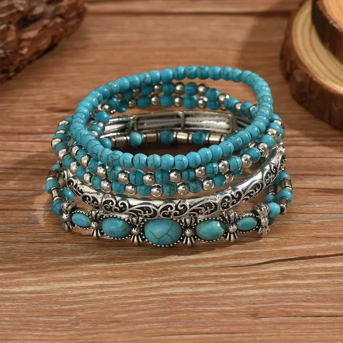 Tressida | Bohemian Turquoise Beaded Bracelet Set