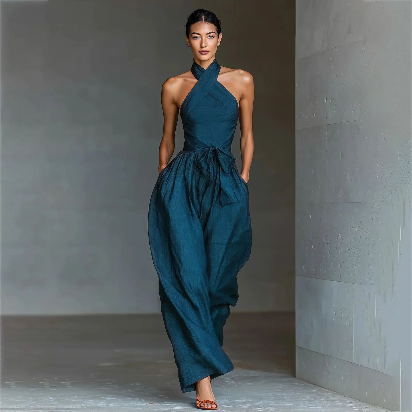 Thessalyne | Cross Halter Wide Leg Jumpsuit