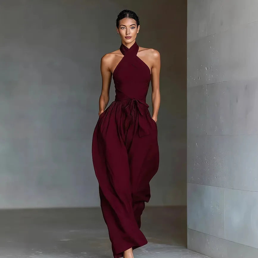 Thessalyne | Cross Halter Wide Leg Jumpsuit