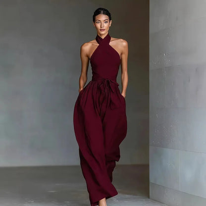 Thessalyne | Cross Halter Wide Leg Jumpsuit