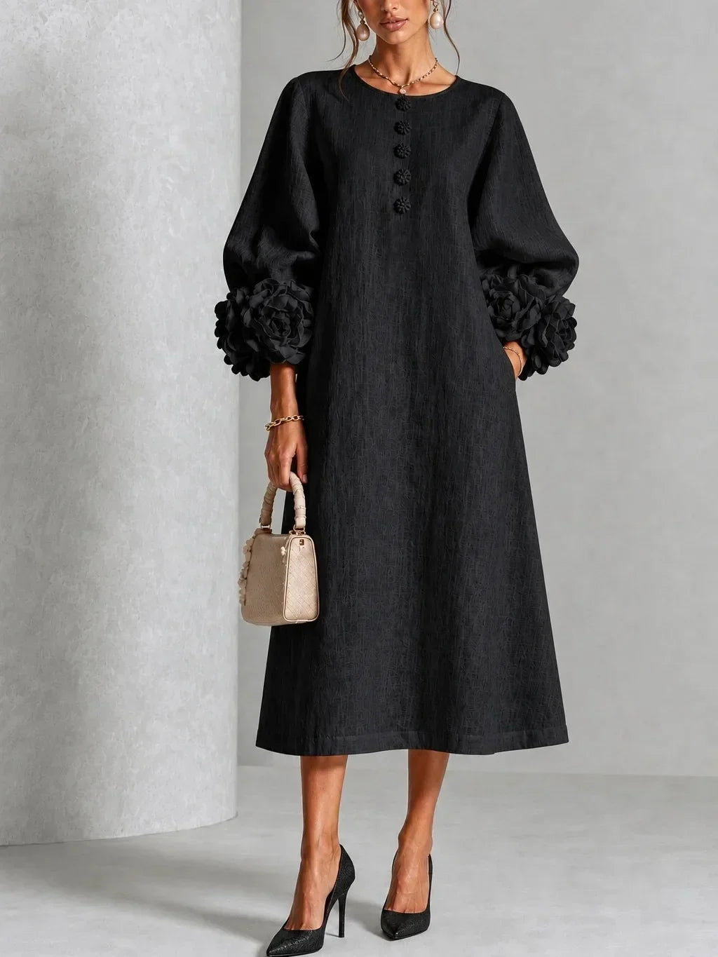 Galatea | Floral Cuff Balloon Sleeve Midi Dress