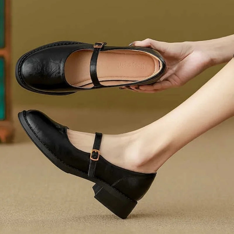 Orynne | Retro Leather Buckle Strap Low Block Heel Mary Janes