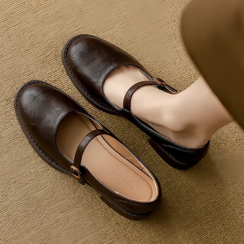Orynne | Retro Leather Buckle Strap Low Block Heel Mary Janes