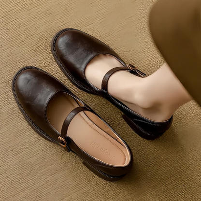 Orynne | Retro Leather Buckle Strap Low Block Heel Mary Janes