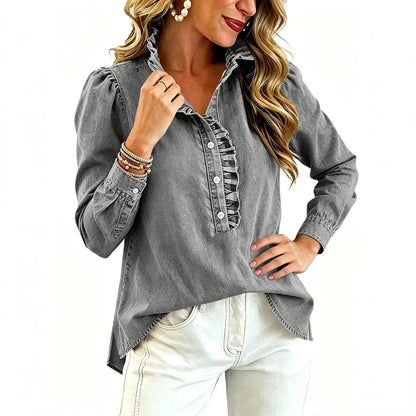 Briselle | Button Front Ruffle Denim Blouse
