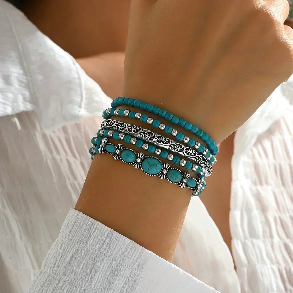 Tressida | Bohemian Turquoise Beaded Bracelet Set
