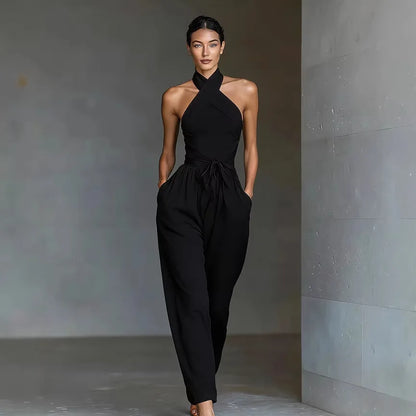 Thessalyne | Cross Halter Wide Leg Jumpsuit