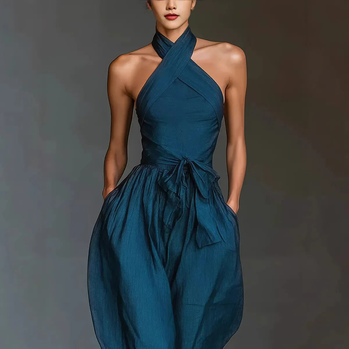 Thessalyne | Cross Halter Wide Leg Jumpsuit