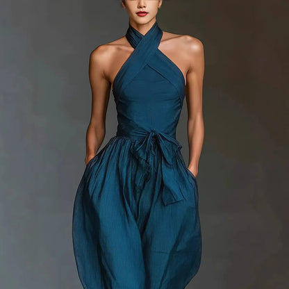 Thessalyne | Cross Halter Wide Leg Jumpsuit