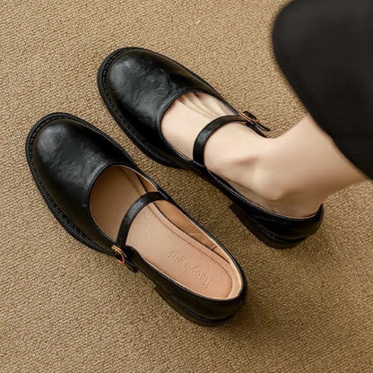 Orynne | Retro Leather Buckle Strap Low Block Heel Mary Janes