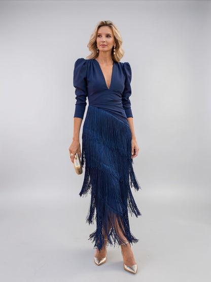 Velmirelle | Fringe Detail Evening Midi Dress