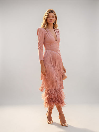 Velmirelle | Fringe Detail Evening Midi Dress