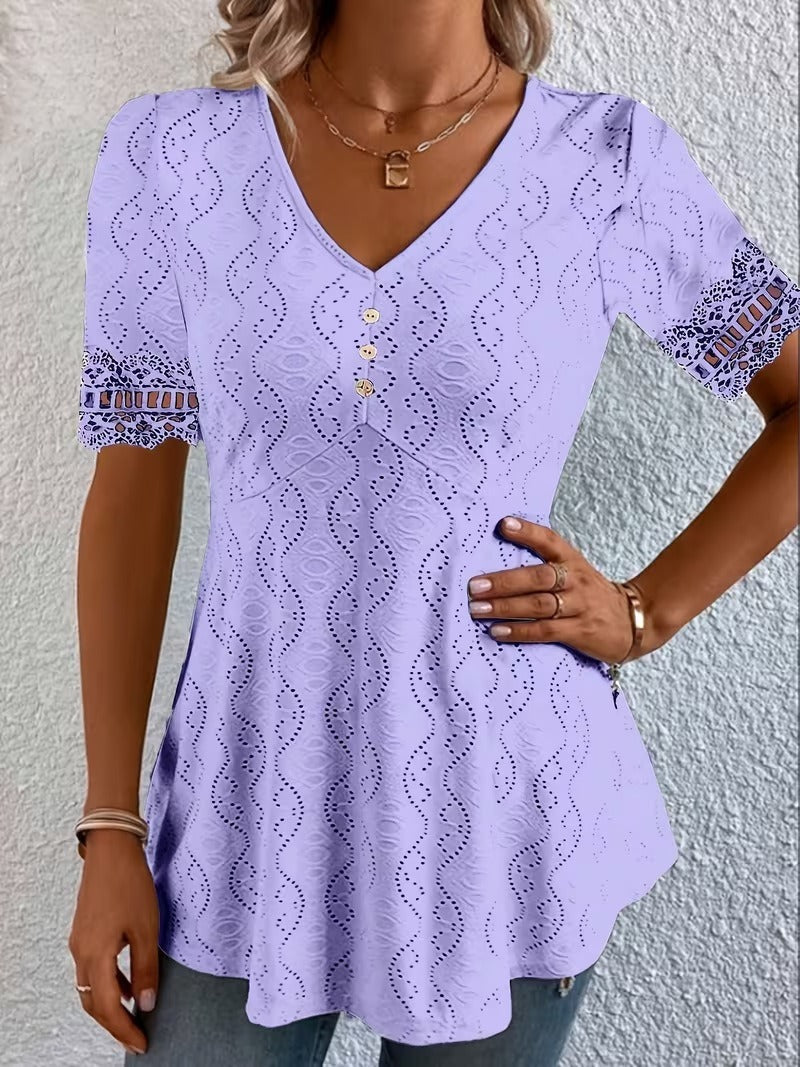 Calvoria | Lace Trim V Neck Casual Blouse