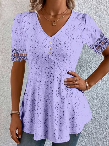 Calvoria | Lace Trim V Neck Casual Blouse