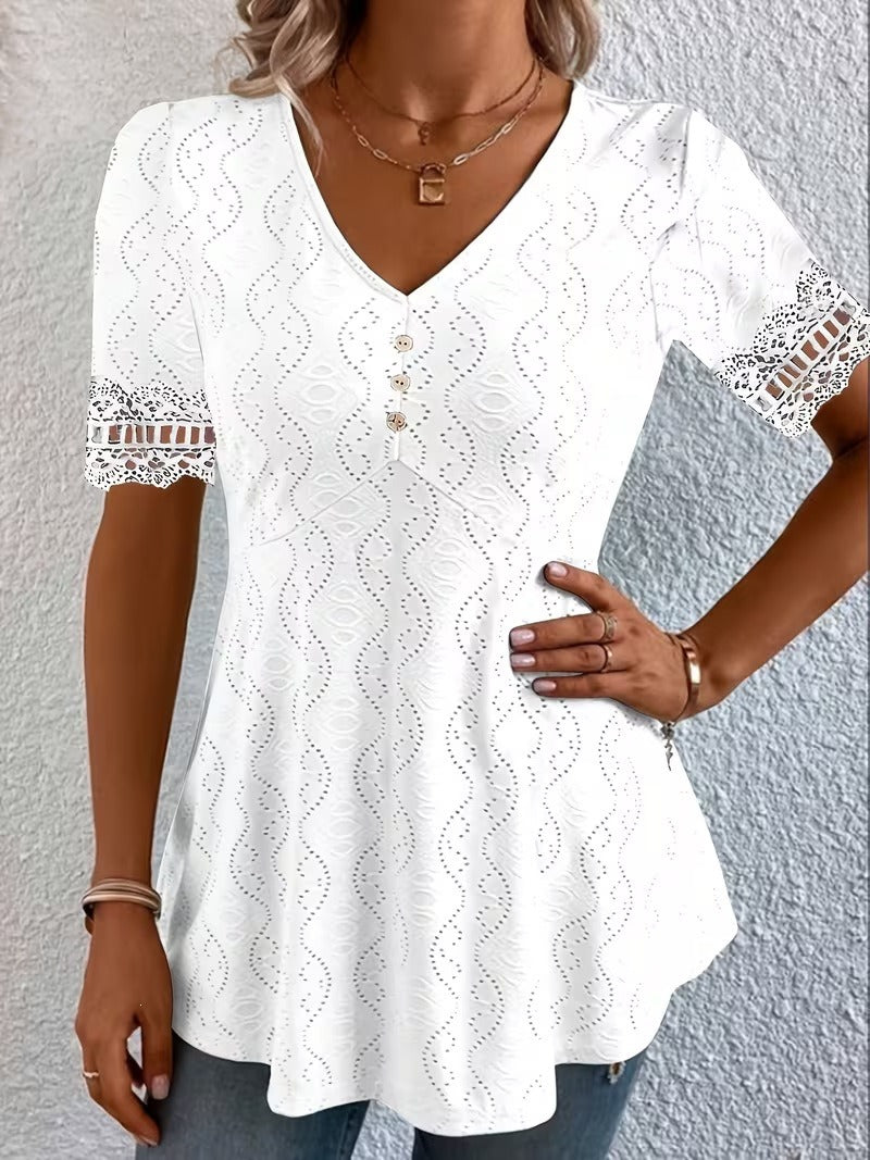 Calvoria | Lace Trim V Neck Casual Blouse