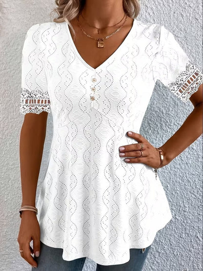 Calvoria | Lace Trim V Neck Casual Blouse